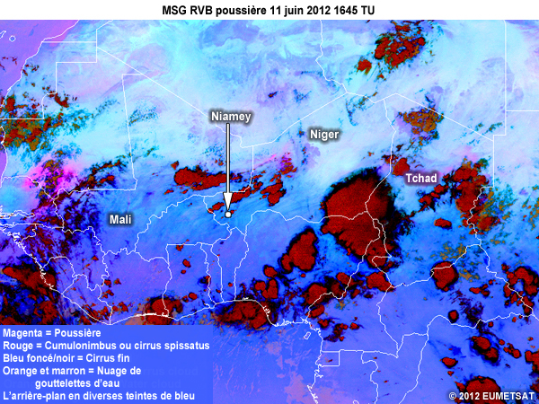 RVB Poussi�re de MSG, toutes les 15 minutes de 1645 � 2000 TU le 11 juin 2012 au-dessus d�une partie de l'Afrique.