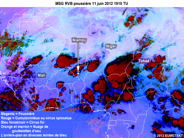 RVB Poussi�re de MSG, toutes les 15 minutes de 1645 � 2000 TU le 11 juin 2012 au-dessus d�une partie de l'Afrique
