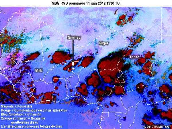 RVB Poussi�re de MSG, toutes les 15 minutes de 1645 � 2000 TU le 11 juin 2012 au-dessus d�une partie de l'Afrique