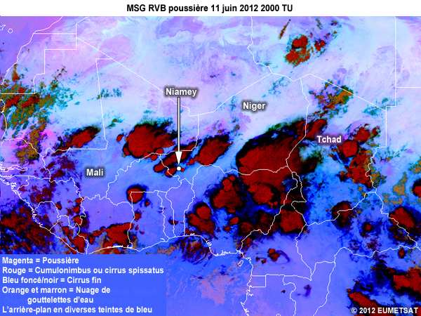 RVB Poussi�re de MSG, toutes les 15 minutes de 1645 � 2000 TU le 11 juin 2012 au-dessus d�une partie de l'Afrique