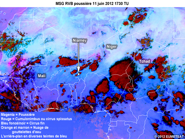 RVB Poussi�re de MSG, toutes les 15 minutes de 1645 � 2000 TU le 11 juin 2012 au-dessus d�une partie de l'Afrique