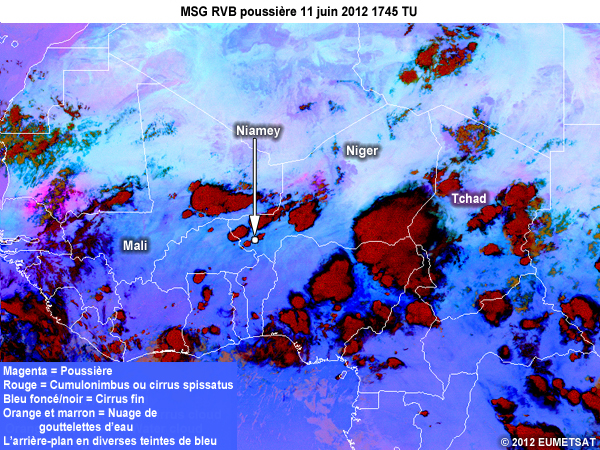 RVB Poussi�re de MSG, toutes les 15 minutes de 1645 � 2000 TU le 11 juin 2012 au-dessus d�une partie de l'Afrique