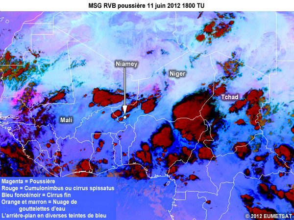 RVB Poussi�re de MSG, toutes les 15 minutes de 1645 � 2000 TU le 11 juin 2012 au-dessus d�une partie de l'Afrique