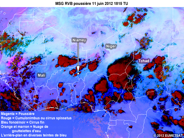 RVB Poussi�re de MSG, toutes les 15 minutes de 1645 � 2000 TU le 11 juin 2012 au-dessus d�une partie de l'Afrique