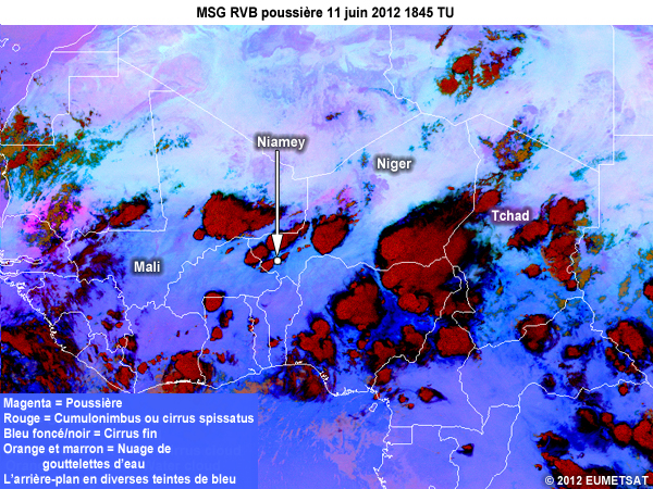 RVB Poussi�re de MSG, toutes les 15 minutes de 1645 � 2000 TU le 11 juin 2012 au-dessus d�une partie de l'Afrique