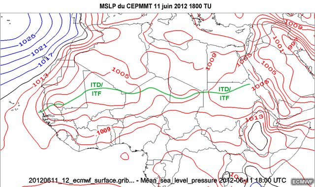 Cartes MSLP du CEPMMT, au-dessus d�une partie de l'Afrique, de 18 TU le 11 juin � 06 TU le 12 juin 2012.