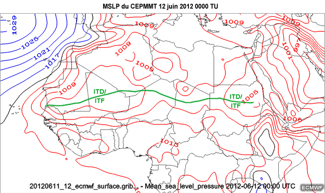 Cartes MSLP du CEPMMT, au-dessus d'une partie de l'Afrique, de 18 TU le 11 juin � 06 TU le 12 juin 2012
