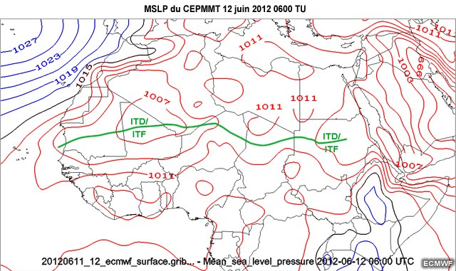 Cartes MSLP du CEPMMT, au-dessus d'une partie de l'Afrique, de 18 TU le 11 juin � 06 TU le 12 juin 2012