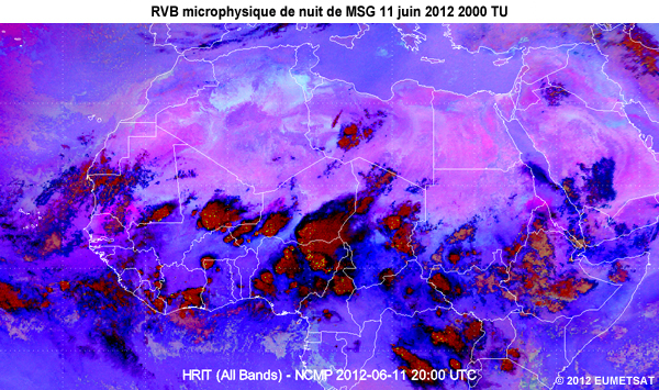 Animation des images de la RVB microphysique de nuit de MSG, de 20 TU le 11 juin 2012 � 06 TU le 12 juin 2012, au-dessus d�une partie de l'Afrique