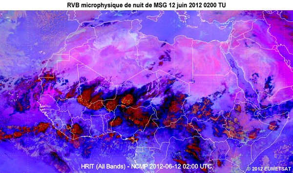 Animation des images de la RVB microphysique de nuit de MSG, de 20 TU le 11 juin 2012 � 06 TU le 12 juin 2012, au-dessus d�une partie de l'Afrique