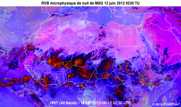 Animation des images de la RVB microphysique de nuit de MSG, de 20 TU le 11 juin 2012 � 06 TU le 12 juin 2012, au-dessus d�une partie de l'Afrique