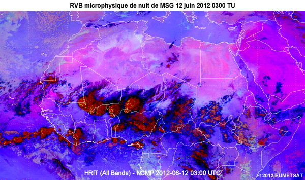 Animation des images de la RVB microphysique de nuit de MSG, de 20 TU le 11 juin 2012 � 06 TU le 12 juin 2012, au-dessus d'une partie de l'Afrique