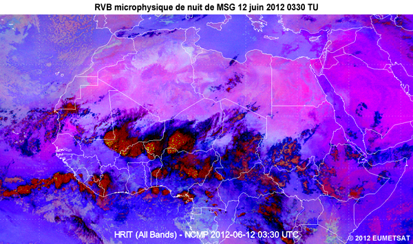Animation des images de la RVB microphysique de nuit de MSG, de 20 TU le 11 juin 2012 � 06 TU le 12 juin 2012, au-dessus d'une partie de l'Afrique