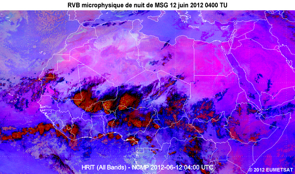 Animation des images de la RVB microphysique de nuit de MSG, de 20 TU le 11 juin 2012 � 06 TU le 12 juin 2012, au-dessus d'une partie de l'Afrique