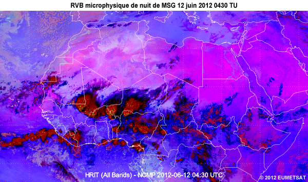 Animation des images de la RVB microphysique de nuit de MSG, de 20 TU le 11 juin 2012 � 06 TU le 12 juin 2012, au-dessus d'une partie de l'Afrique