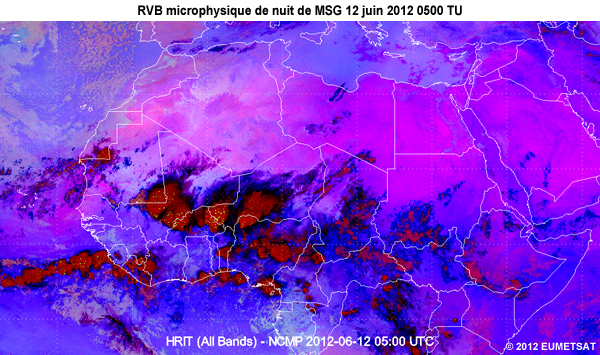 Animation des images de la RVB microphysique de nuit de MSG, de 20 TU le 11 juin 2012 � 06 TU le 12 juin 2012, au-dessus d'une partie de l'Afrique