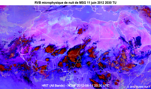 Animation des images de la RVB microphysique de nuit de MSG, de 20 TU le 11 juin 2012 � 06 TU le 12 juin 2012, au-dessus d�une partie de l'Afrique