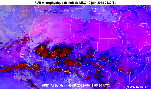 Animation des images de la RVB microphysique de nuit de MSG, de 20 TU le 11 juin 2012 � 06 TU le 12 juin 2012, au-dessus d'une partie de l'Afrique
