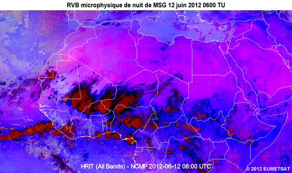 Animation des images de la RVB microphysique de nuit de MSG, de 20 TU le 11 juin 2012 � 06 TU le 12 juin 2012, au-dessus d'une partie de l'Afrique