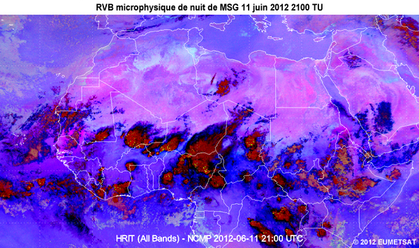 Animation des images de la RVB microphysique de nuit de MSG, de 20 TU le 11 juin 2012 � 06 TU le 12 juin 2012, au-dessus d�une partie de l'Afrique