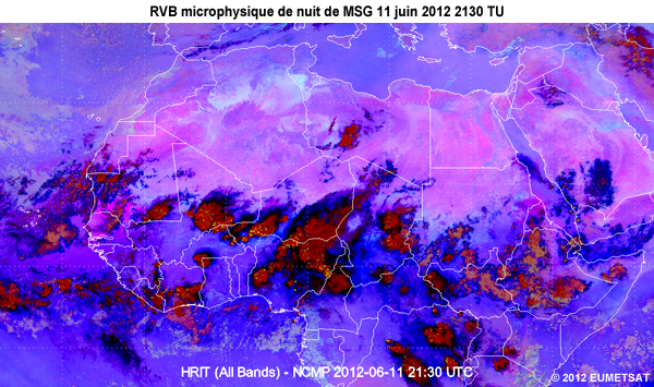 Animation des images de la RVB microphysique de nuit de MSG, de 20 TU le 11 juin 2012 � 06 TU le 12 juin 2012, au-dessus d�une partie de l'Afrique