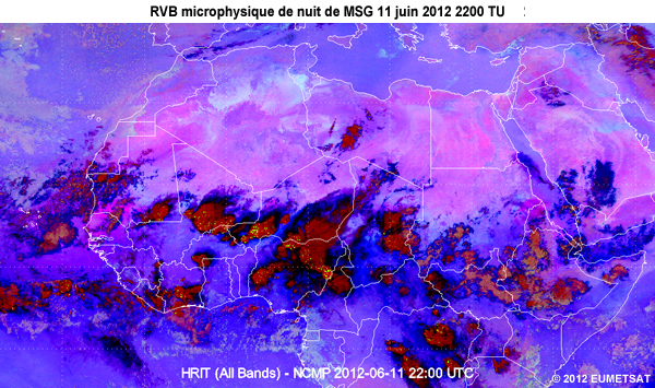Animation des images de la RVB microphysique de nuit de MSG, de 20 TU le 11 juin 2012 � 06 TU le 12 juin 2012, au-dessus d�une partie de l'Afrique