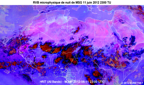 Animation des images de la RVB microphysique de nuit de MSG, de 20 TU le 11 juin 2012 � 06 TU le 12 juin 2012, au-dessus d�une partie de l'Afrique