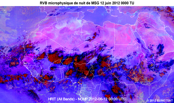 Animation des images de la RVB microphysique de nuit de MSG, de 20 TU le 11 juin 2012 � 06 TU le 12 juin 2012, au-dessus d�une partie de l'Afrique