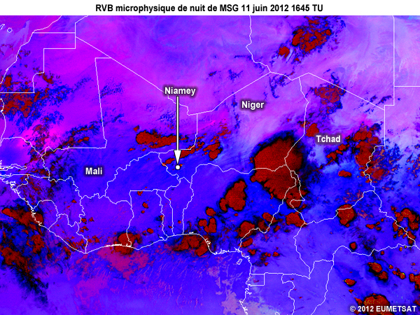 Animation of MSG night microphysics RGB images every 15 min from 17 to 20 UTC 11 June 2012 over West Africa
