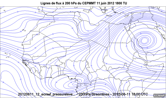 Cartes de lignes de flux � 200 hPa du CEPMMT, au-dessus d�une partie de l'Afrique, de 18 TU le 11 juin 2012 � 06 TU le 12 juin 2012.