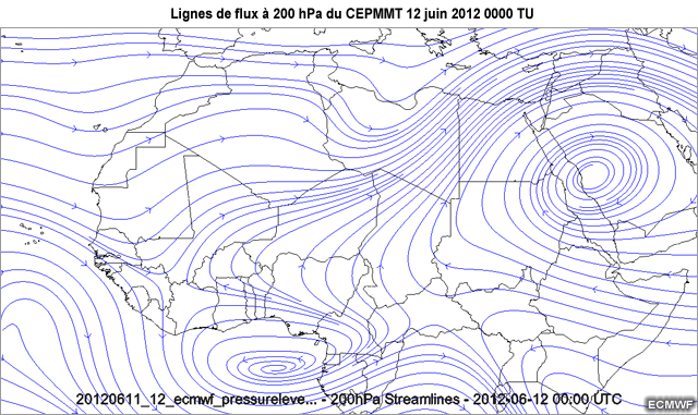 Cartes de lignes de flux � 200 hPa du CEPMMT, au-dessus d'une partie de l'Afrique, de 1645 TU le 11 juin 2012 � 0600 le 12 juin 2012