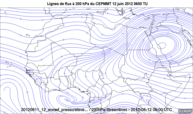 Cartes de lignes de flux � 200 hPa du CEPMMT, au-dessus d'une partie de l'Afrique, de 1645 TU le 11 juin 2012 � 0600 le 12 juin 2012