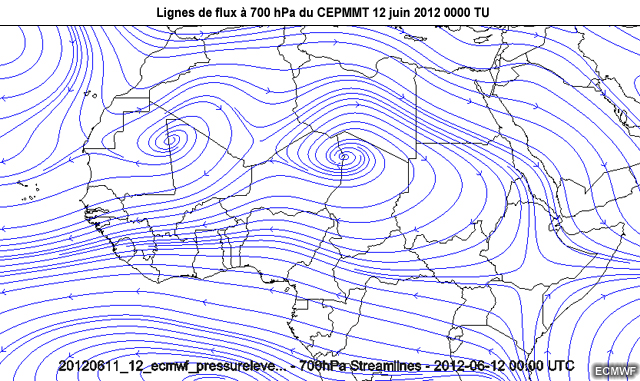 Cartes de lignes de flux � 700 hPa du CEPMMT, au-dessus d'une partie de l'Afrique, de 1645 TU le 11 juin 2012 � 0600 le 12 juin 2012