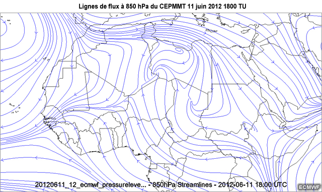 Cartes de ligne de flux � 850 hPa du CEPMMT, au-dessus d�une partie de l'Afrique, de 18 TU le 11 juin 2012 � 06 TU le 12 juin 2012.