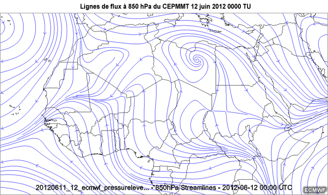 Cartes de lignes de flux � 850 hPa du CEPMMT, au-dessus d'une partie de l'Afrique, de 1645 TU le 11 juin 2012 � 0600 le 12 juin 2012