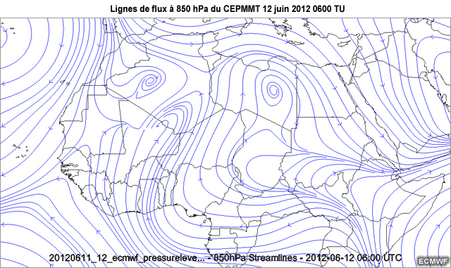 Cartes de lignes de flux � 850 hPa du CEPMMT, au-dessus d'une partie de l'Afrique, de 1645 TU le 11 juin 2012 � 0600 le 12 juin 2012