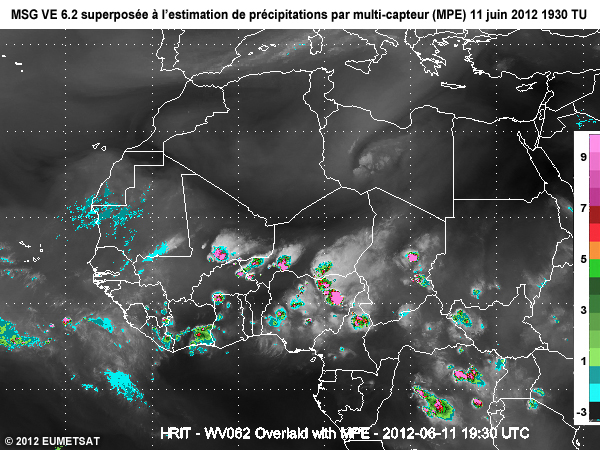 Image Vapeur d'eau 6,2 microm�tres de MSG superpos�es � l'estimation de pr�cipitations par multi-capteur ou MPE, au-dessus d�une partie de l'Afrique � 20 TU le 11 juin 2012