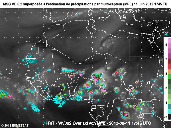 Image Vapeur d'eau 6,2 microm�tres de MSG superpos�es � l'estimation de pr�cipitations par multi-capteur ou MPE, au-dessus d�une partie de l'Afrique � 20 TU le 11 juin 2012