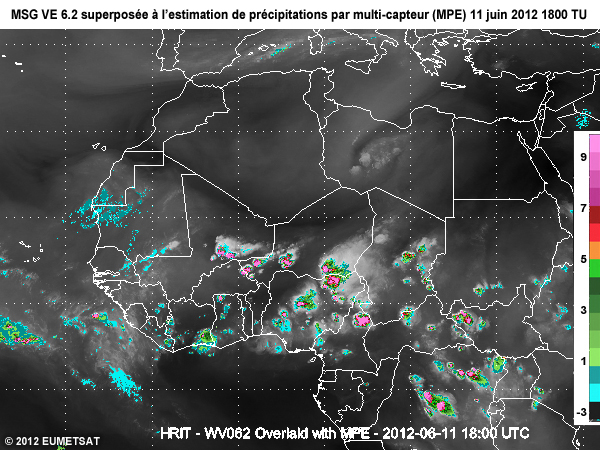Image Vapeur d'eau 6,2 microm�tres de MSG superpos�es � l'estimation de pr�cipitations par multi-capteur ou MPE, au-dessus d�une partie de l'Afrique � 20 TU le 11 juin 2012