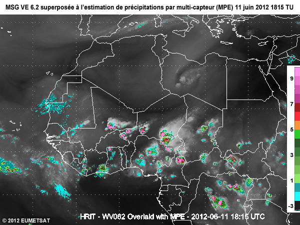 Image Vapeur d'eau 6,2 microm�tres de MSG superpos�es � l'estimation de pr�cipitations par multi-capteur ou MPE, au-dessus d�une partie de l'Afrique � 20 TU le 11 juin 2012