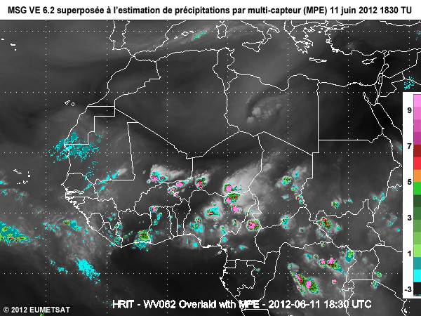 Image Vapeur d'eau 6,2 microm�tres de MSG superpos�es � l'estimation de pr�cipitations par multi-capteur ou MPE, au-dessus d�une partie de l'Afrique � 20 TU le 11 juin 2012