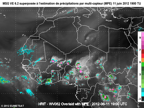 Image Vapeur d'eau 6,2 microm�tres de MSG superpos�es � l'estimation de pr�cipitations par multi-capteur ou MPE, au-dessus d�une partie de l'Afrique � 20 TU le 11 juin 2012