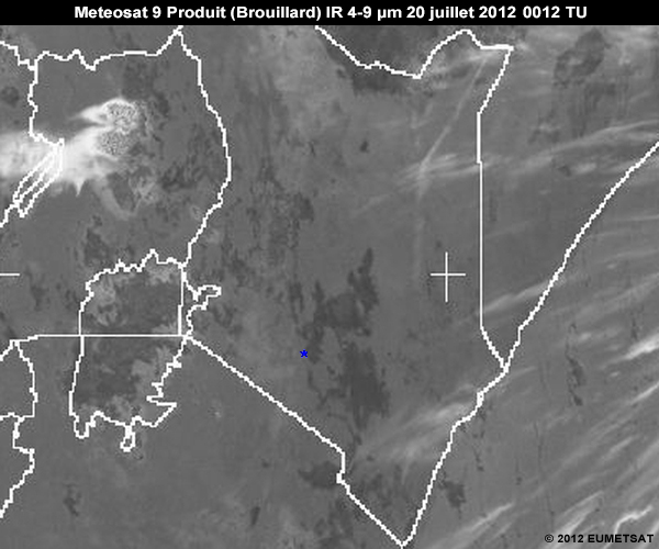 Animation du produit brouillard de Meteosat 9 au-dessus du Kenya de 0012 TU � 0912 TU le 20 juillet 2012