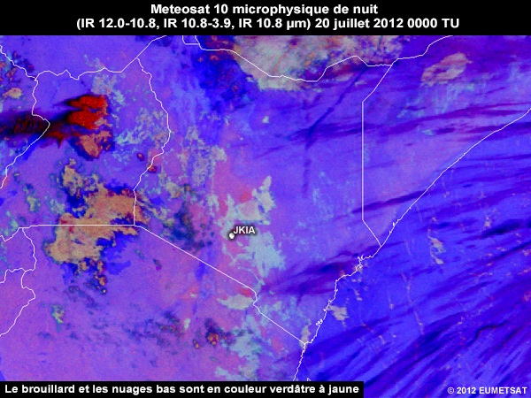 Animation de la RVB Microphysique de nuit de Meteosat 9 au-dessus du Kenya de 00 TU � 04 TU le 20 juillet 2012