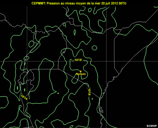 Image sur le Kenya de la MSLP du CEPMMT, de 00 � 12&nbsp;TU le 20 Juillet 2012.