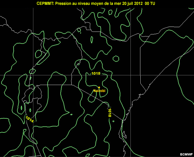 Animation sur le Kenya de la MSLP du CEPMMT, de 00 � 12 TU le 20 Juillet 2012