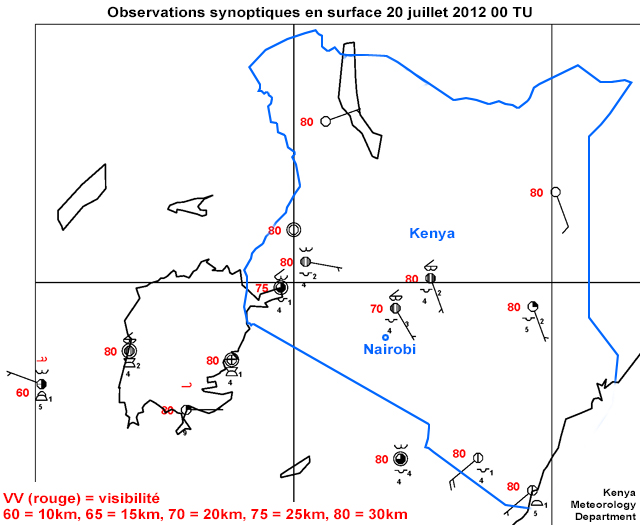 Animation des observations synoptiques en surface au Kenya � 00, 03, et 06 TU le 20 Juillet 2012