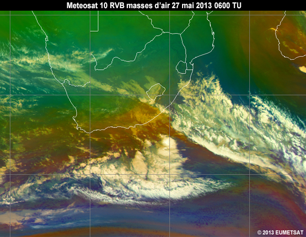 Animation sur l'Afrique Australe, des images RVB - masses d'air de Meteosat-10, le 27 mai 2013 de 06  12 TU.