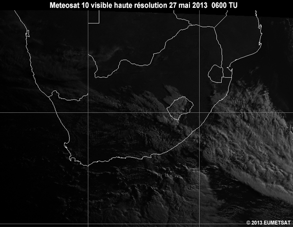 Animation des images Visible Haute Rsolution de Meteosat10, au-dessus de l'Afrique australe de 06  12 TU le 27 mai 2013