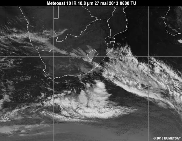 Animation des images infrarouges de 10,8 micromtres de Meteosat 10 au-dessus de l'Afrique australe de 06  12 TU le 27 mai 2013